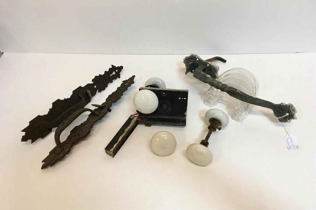 ANTIQUE HARDWARE: 3 door handles, lock set, white porcelain knobs