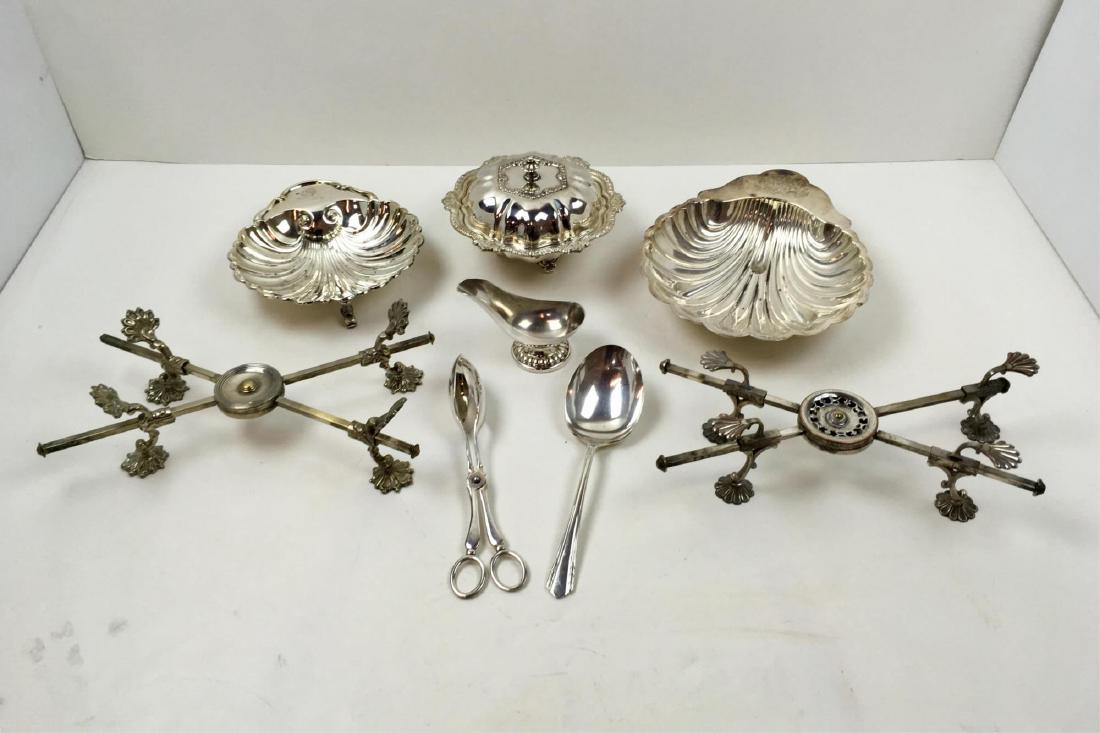 ASSORTED SILVER-PLATE FLATWARE AND HOLLOWWARE: 2 shell dishes, 1 footed bowl with lid, open salt, 2 adjustable bowl trivets, salad tongs & stuffing spoon