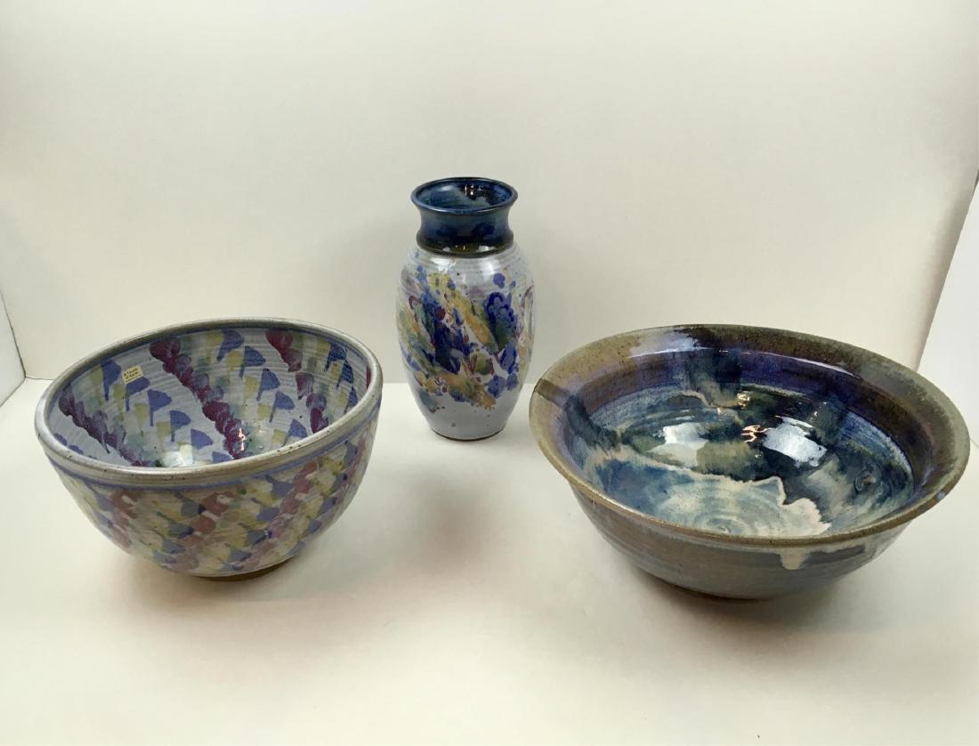 3 PCS OF SIGNED ART POTTERY: Bowl signed Rob Poddery (Mathews County VA) 12.5" diameter x 5.25", bowl signed ? Hauser 10" diameter x 6" and a 9.5" vase signed Hayes