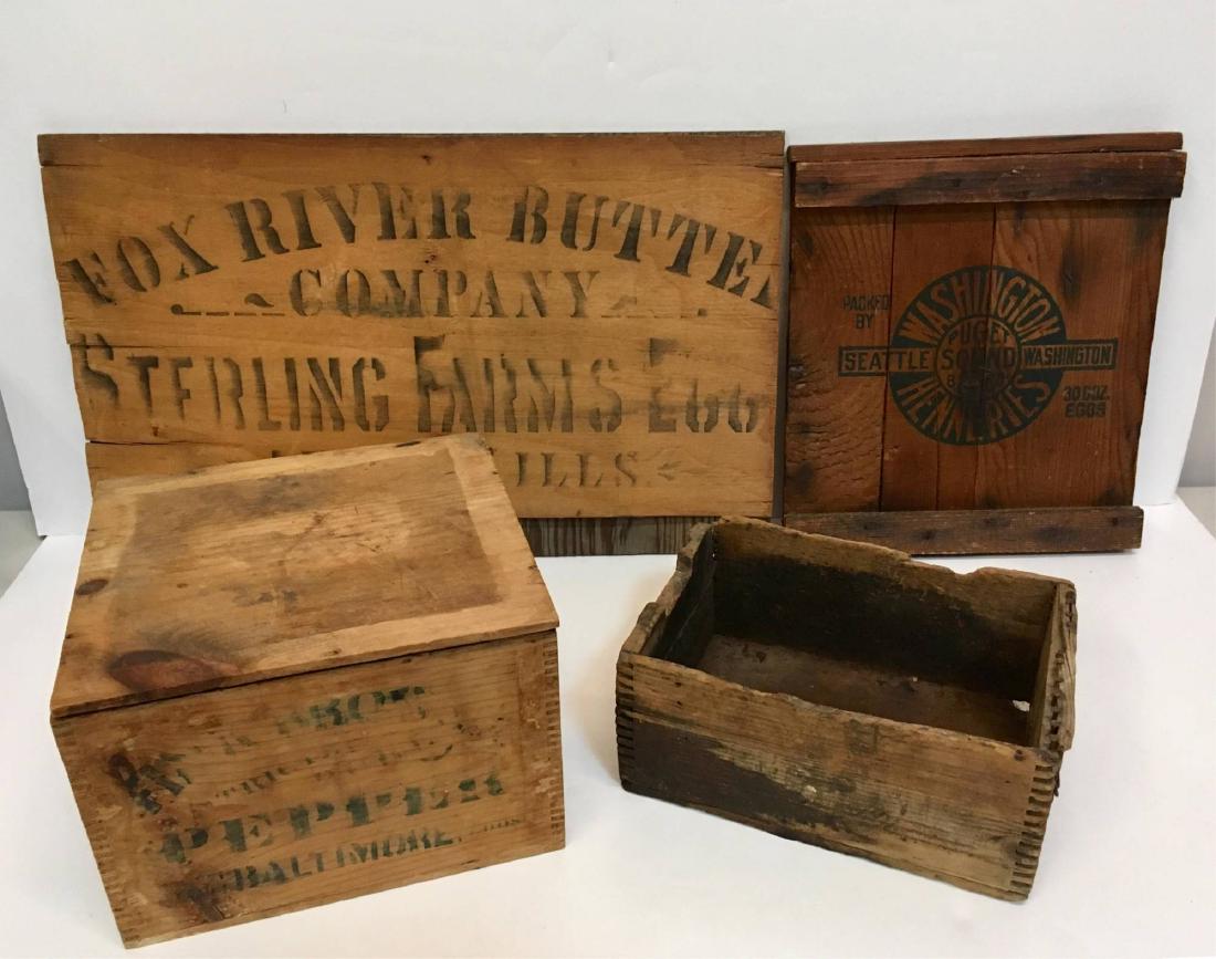 VINTAGE ADVERTISING BOXES & CRATE TOPS: Fox River Butter Co. Sterling Farm Eggs Aurora, Ills. 22" x 13.75, Puget Sound Washington Henneries 30 Doz. Eggs 11.75" x 13.25", Pepper box from Baltimore 10" x 9.5" x 7" and a open crate with unread