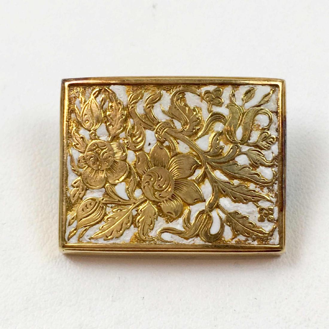 UNMARKED GOLD PIN: Hand chased floral design on white enamel - looks to have been made from another piece of jewelry - engraved "Con Amore" (With Love in Italian) 1" x .75" - acid scratched tested as 14K - 3g