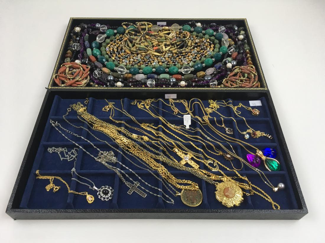 VINTAGE & MODERN COSTUME JEWELRY NECKLACES: Large assortment of necklaces - lockets, semi precious stones, beads, rolled paper, faux pearl & more - several marked WLIND