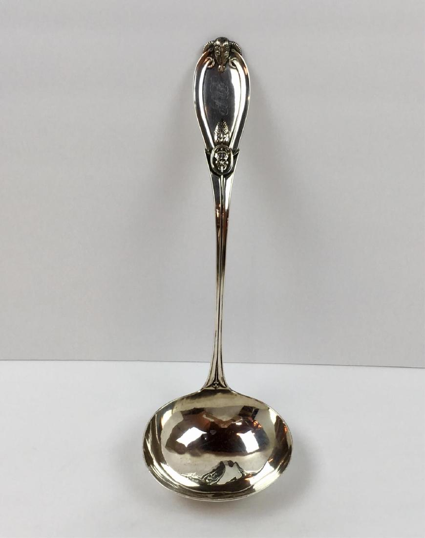 B. L. HOOD COIN SILVER LADLE: Ram and Satyr heads - triple monogram - Benjamin L. Hood NY - silversmith and jeweler in partnerships of Hood & Tobey in Albany, NY 1845-1854 and Hood & Bro. with Henry O. Hood ca 1870-1871 - 13" long