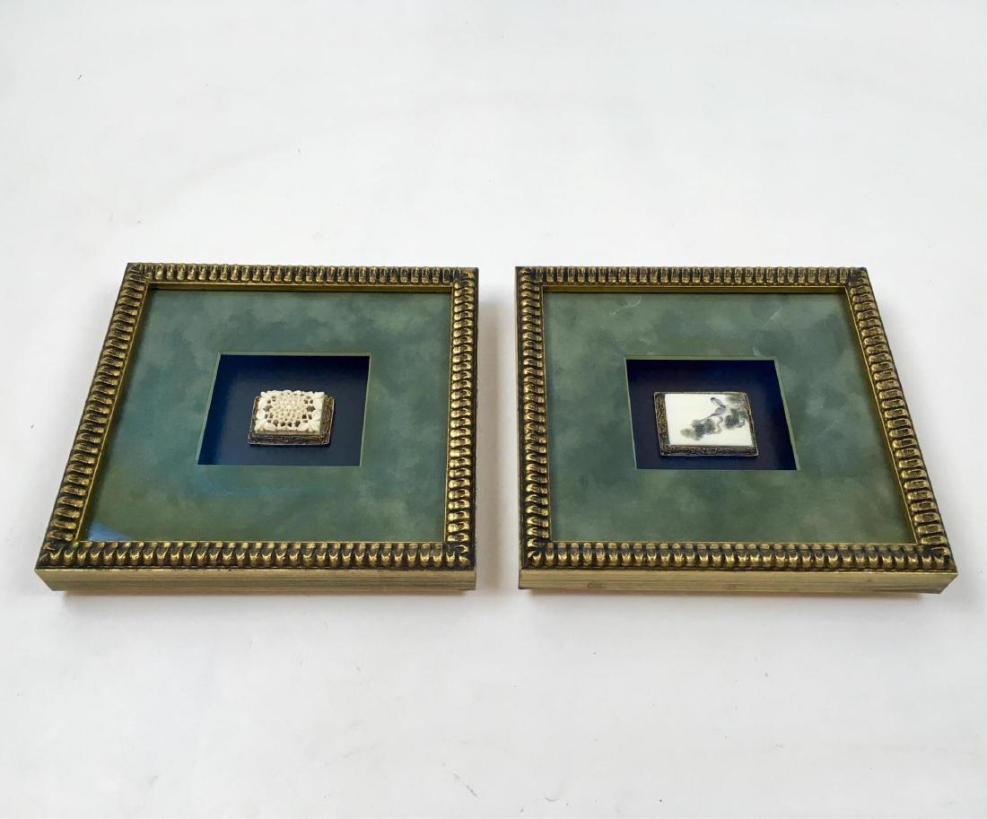 2 FRAMED PIECES OF MOUNTED JEWELRY: Professionally framed in shadow box with mounted brooch tops - carved flower and bees brooch 1" x 1.5" and a hand painted branch with birds - both frame size of 6.75" x 7.25"
