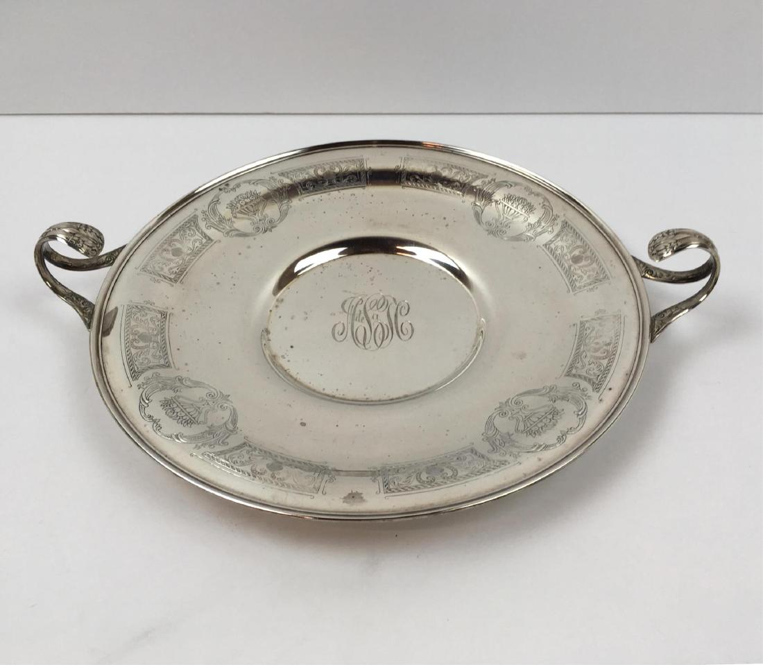 STERLING SILVER HANDLED ROUND TRAY: Marks appear to be Middleton Silver Company #128 - hand chased urn with fruit design - triple monogram 12.25" x 2.25" - 382g