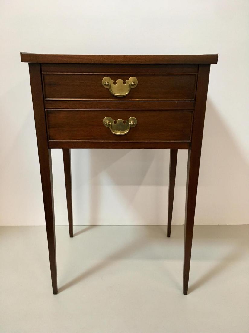 HENKEL HARRIS 2 DRAWER MAHOGANY TABLE: Hepplewhite style - mahogany Virginia Galleries by Henkel Harris - Shop No. 664-521 Finish 29 - retailed by Fallon & Hellen Furniture Baltimore - 18.25" x 13.5" x 28.5"