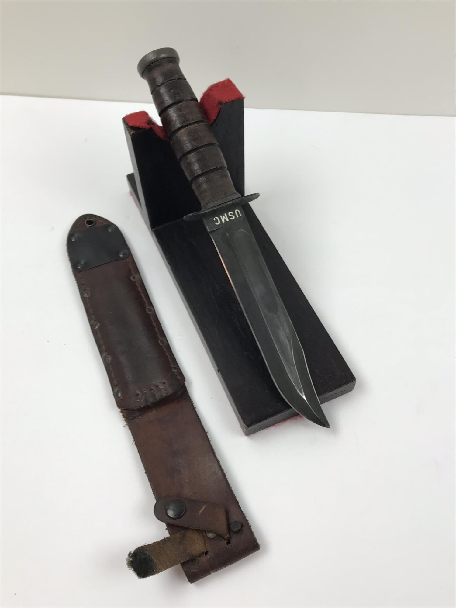 KA-BAR USMC/LEATHER CAMILUS SHEATH: KA - Bar USMC fighting knife with leather sheath - Made in Olean, NY- approx 12"