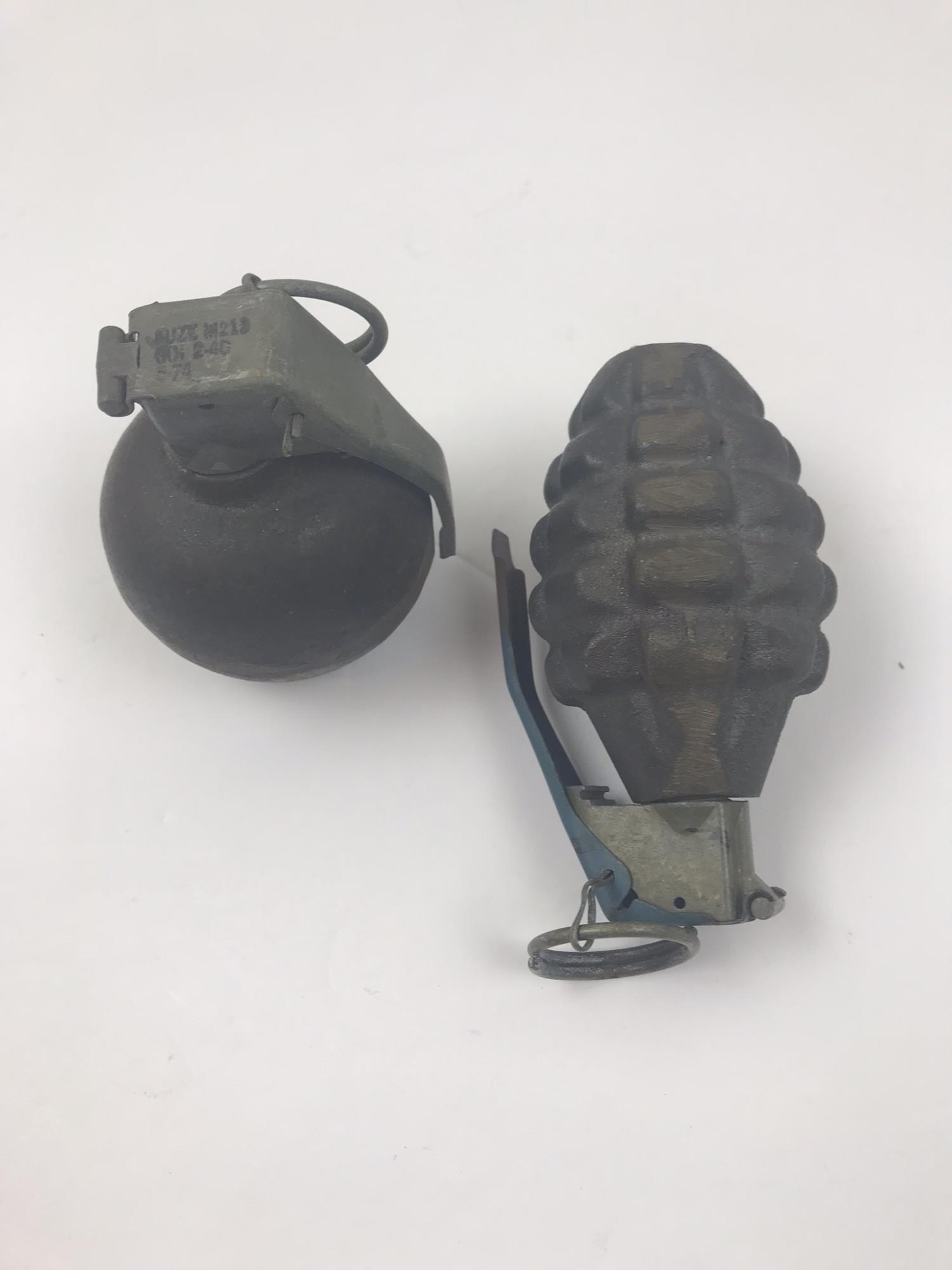 VINTAGE HAND GRENADE PRACTICE DUMMY: 1 vintage pineapple style hand grenade fuse M228 â€“ MEI85k â€“ 004-007 and 1 vintage baseball style hand grenade practice dummy fuse M 213