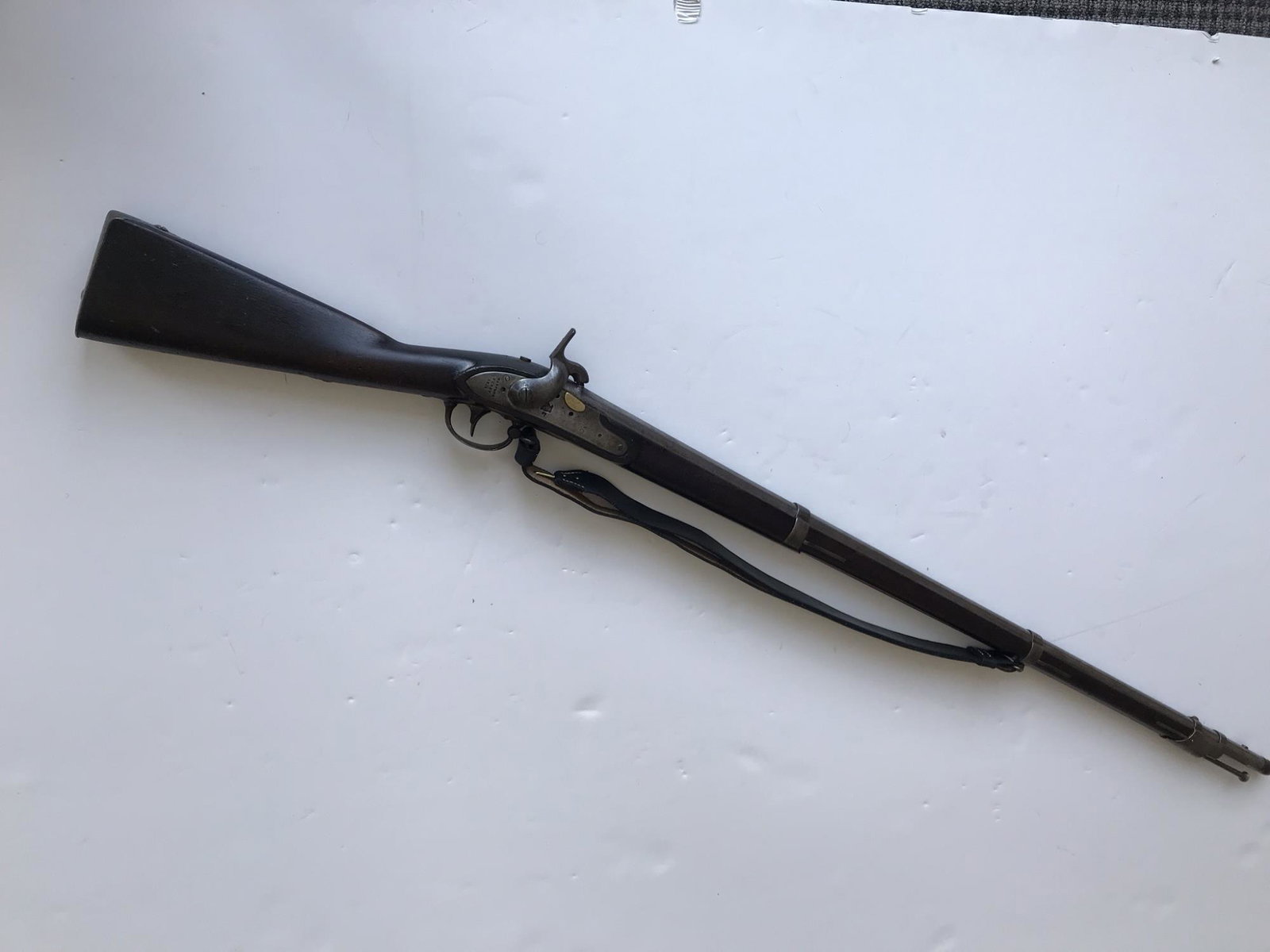 1836 HARPER'S FERRY PERCUSSION RIFLE: 1836 Harpers Ferry percussion rifle. Stamped "Harpers Ferry 1836" and "Eagle over US" on lock plate. Barrel has a VP and an Eagle's head(?) stamped in along with the date of 1836. Replacement sling an