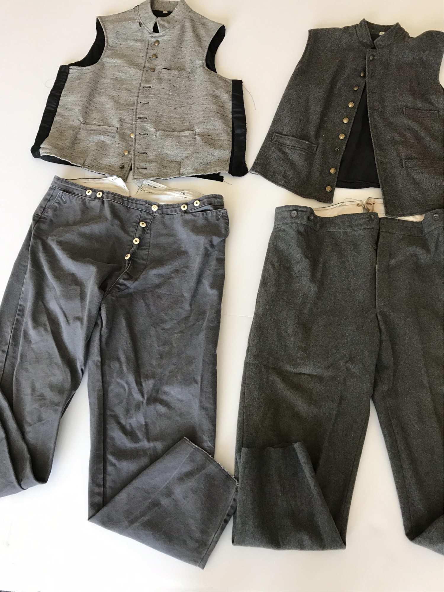 2 SETS CIVIL WAR RE-ENACTMENT VEST / PANTS: 1 Artillery CS Enlisted vest - Jean wool - "A " buttons - entire left side is ripped- size XL , cotton trousers - size 44 - button fly - v notch in back for waist adjustment, 1 CS Enlisted Vest dark w
