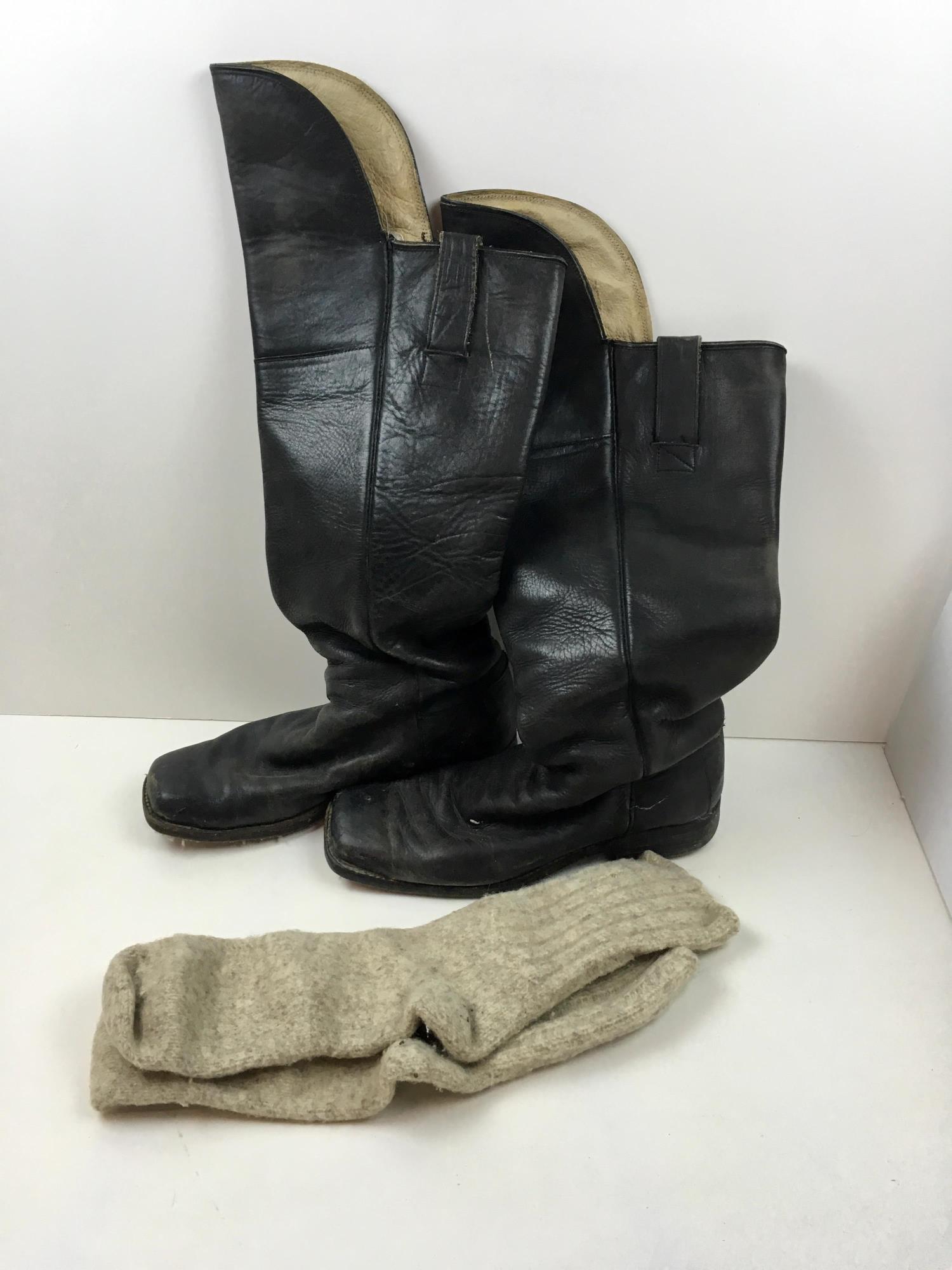 CIVIL WAR RE-ENACTMENT CALVARY BOOTS / SOCKS: Leather uppers - size 9.5 - shows wear on soles- scuffs on toes