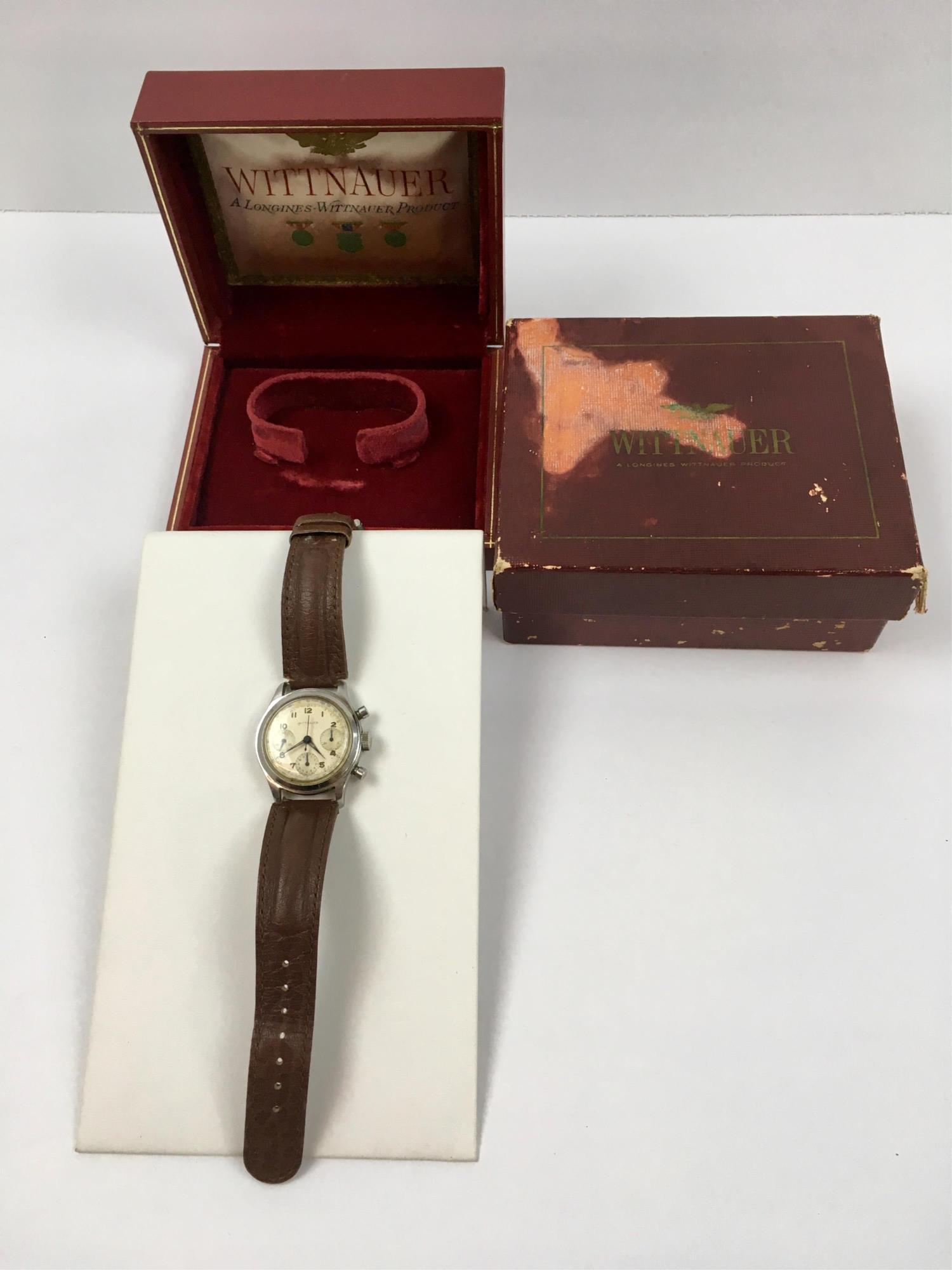 VINTAGE WITTNAUER CHRONOGRAPH WRIST WATCH: Vintage Wittnauer 3 registers manual wind chronograph - original cream color dial with - circa 1950's - luminous Arabic indexes, blue steel hands, inner 12 hour scale in red, outer tachometer scale -