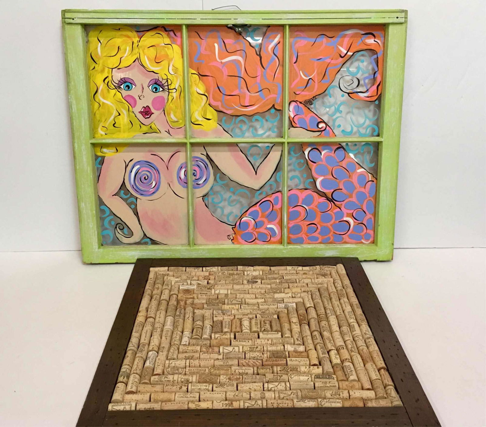 MERMAID WINDOW & WINE CORK WALL HANGING: Signed hand-painted mermaid on old wooden window 36" x 27", wine cork wall hanging 25.5" x 24.75"