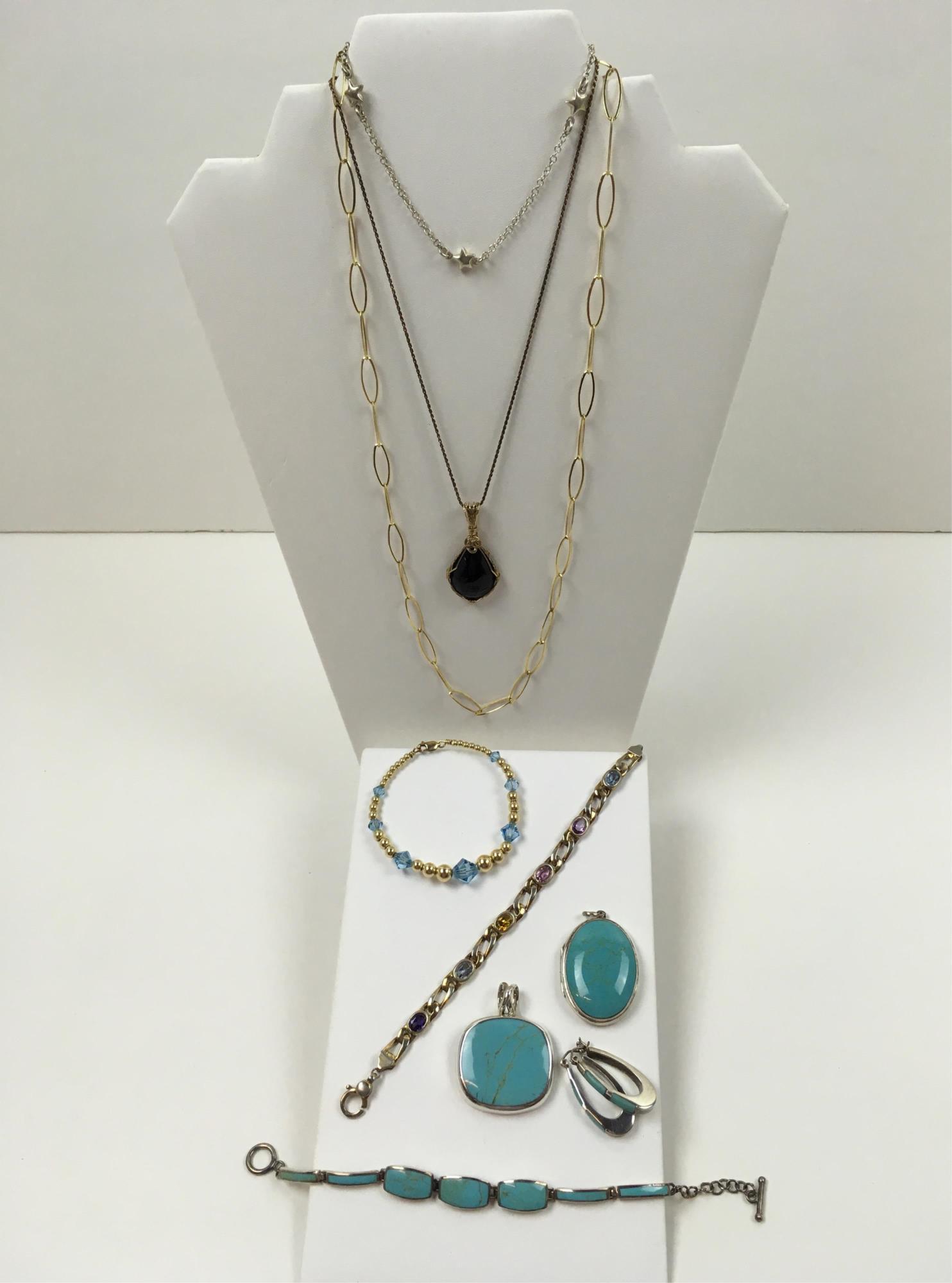 10 PCS OF STERLING SILVER JEWELRY: 23.5" vermeil link necklace 6g, 16" necklace with onyx pendant 8g, 9" anklet with stars 3g, 7" multi-stone vermeil link bracelet 14g, 7" bead bracelet 7g, 1.5" long locket with polished oval stone 15g