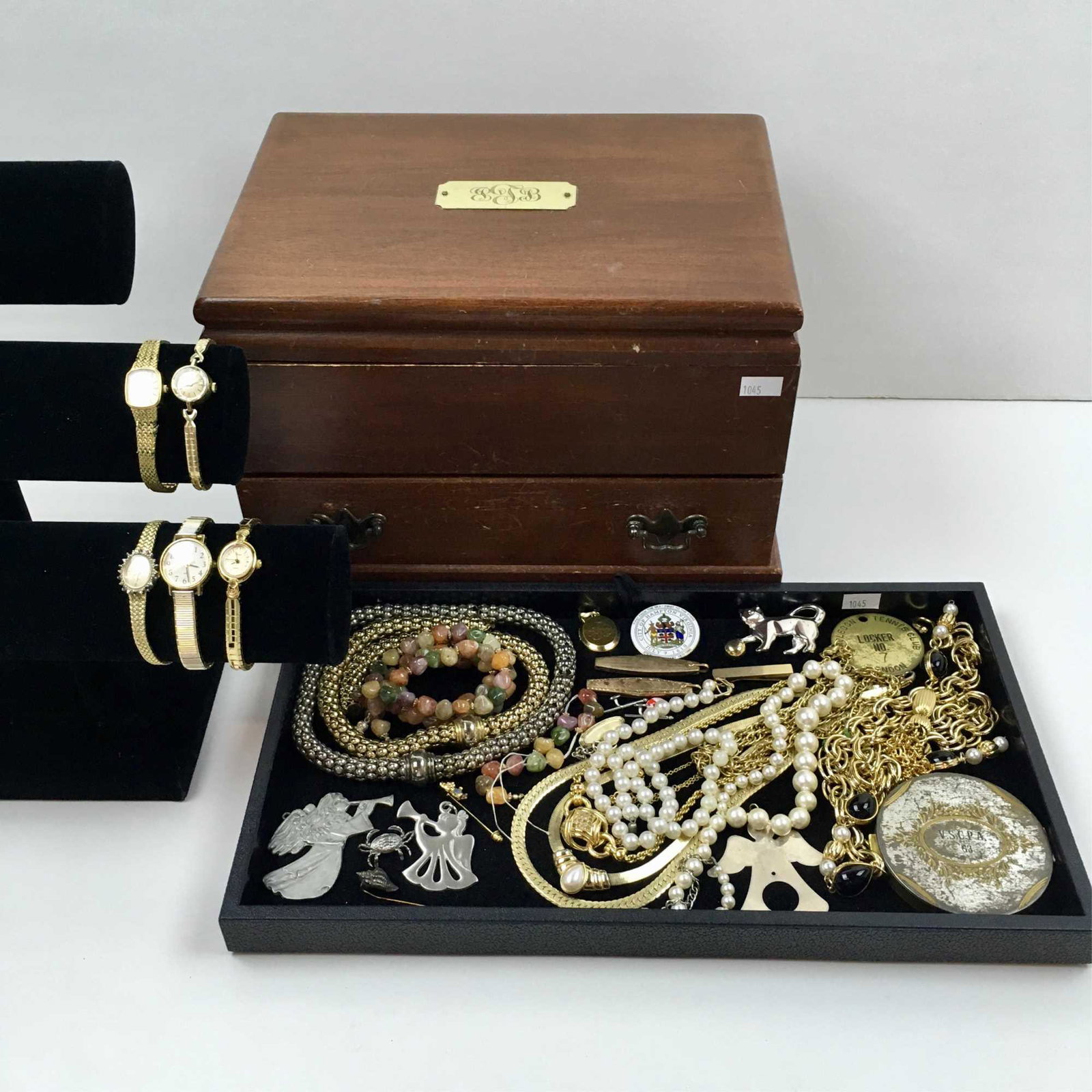 STERLING, COSTUME JEWELRY, WATCHES & JEWELRY: Sterling silver necklace & pendant 18g, sterling "T" tie tack 4g, assorted costume jewelry, 2 gold filled pin knives, wooden jewelry box and 5 ladies' wrist watches - 2 Timex quartz, Marinium quartz, 