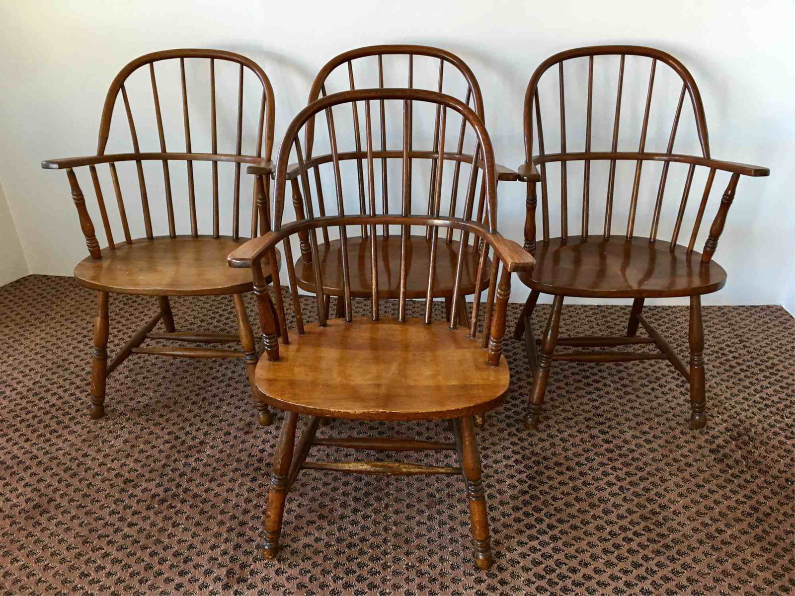 SET OF 4 WINDSOR STYLE ARM CHAIRS: Oak back and stained wood seat - 24.5" x 23" x 36.75"
