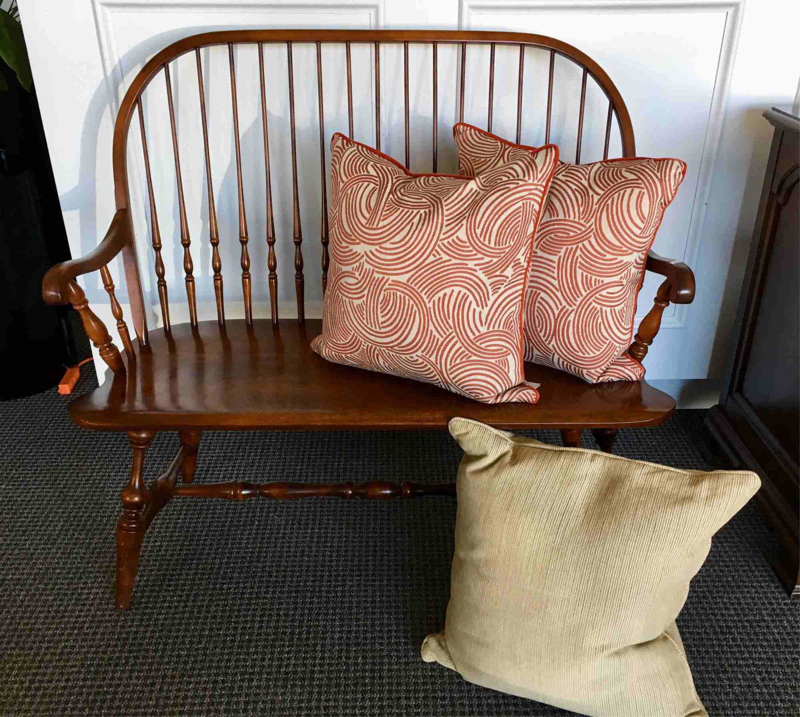 CHERRY WINDSOR STYLE SETTEE BY HITCHCOCK: Signed "L. Hitchcock Hitchcocksville, Conn. - include 3 pillows - 43.75" x 21" x 39.5"