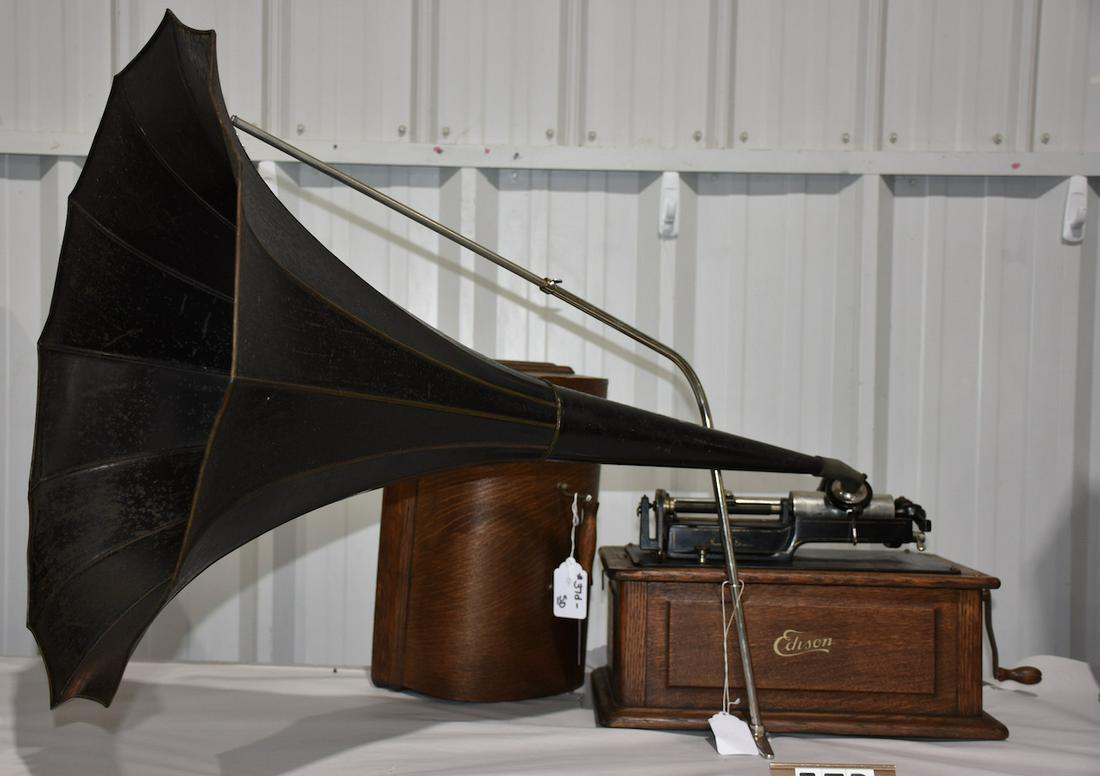 Edison Triumph Cylinder Phonograph: "C" reproducer, shaver, crank, cover , Triumph morning glory horn and crane