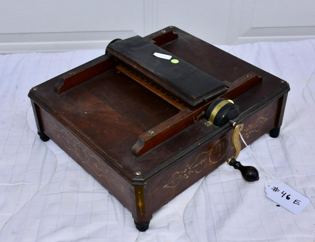 Walnut Case Paper Roll Organ: Stenciled walnut case