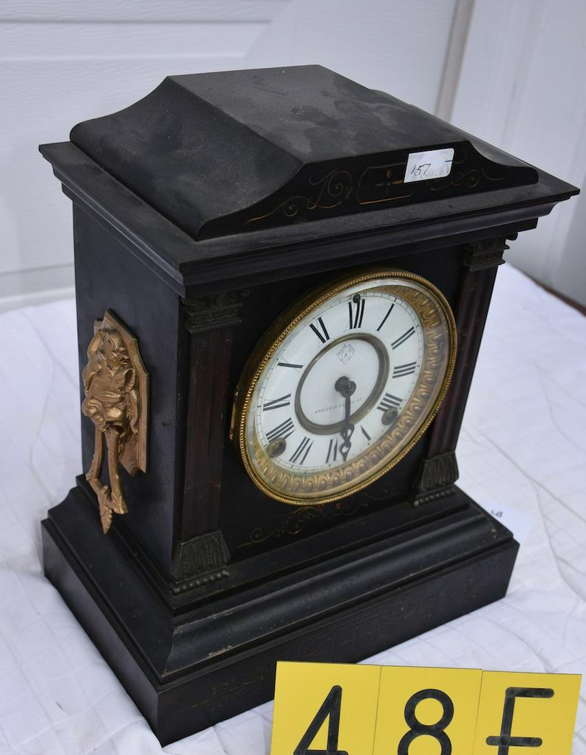 Nice Ansonia Granite Mantle Clock: Lions Head Handle Appointments, front glass missing