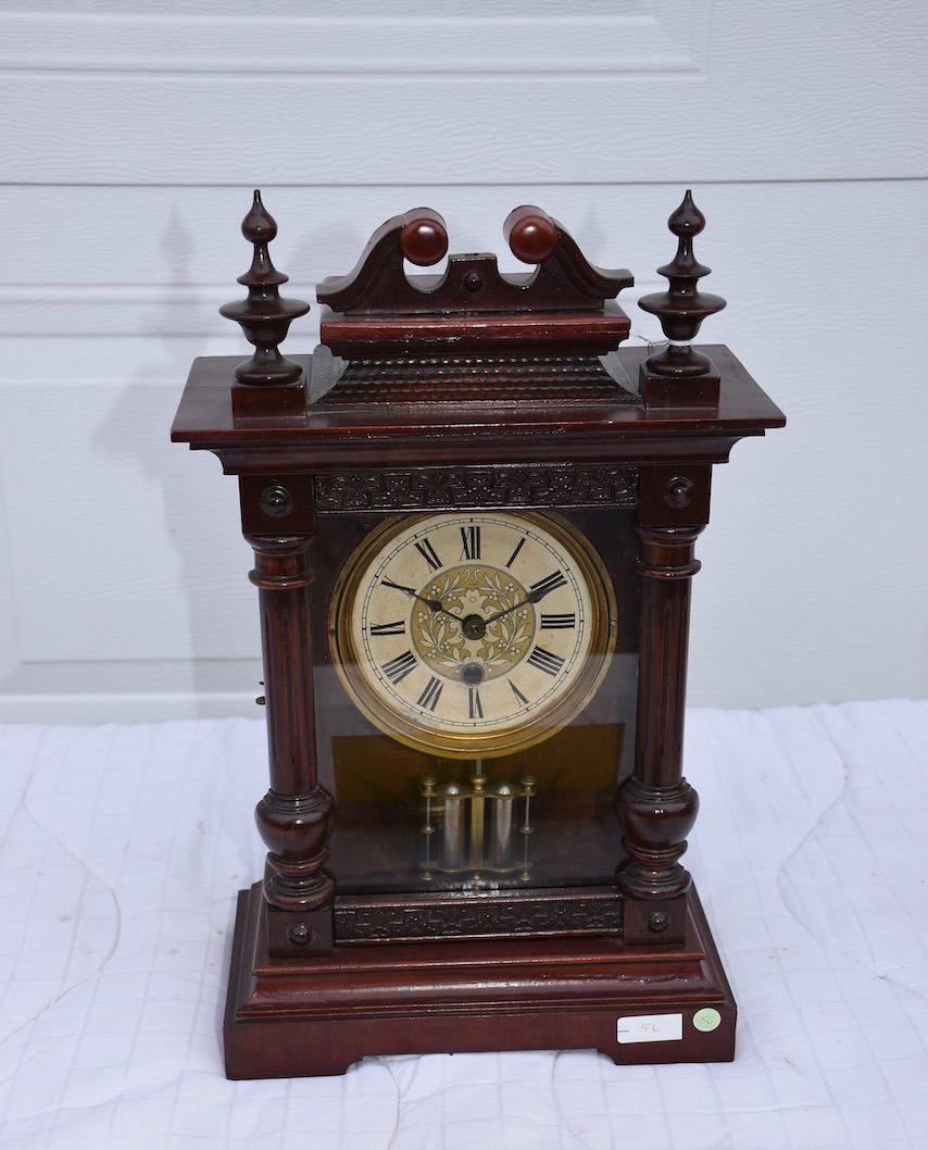 German wooden Shelf Clock: Marked H.A.G. on back label. Double Mercury pendulum