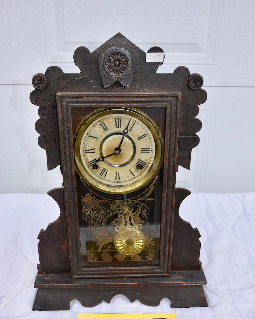Gingerbread or Shelf Clock.: Russell and Jones Company. Oak pressed carved case