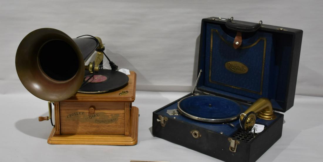 Crosley & Royal Phonographs: Crosley electric phonograph with brass bell horn and a Royal Suitcase model machine