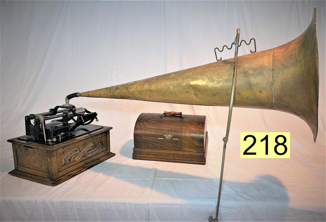 Edison Concert B Cylinder Phonograph: Ca. 1902 42" all brass horn with floor crane. Nebraska Dealer's Decal. Original and working