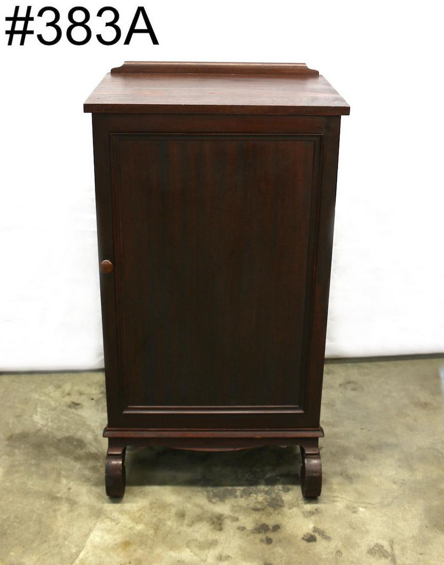 Mahogany sheet music record cabinet: Single door with 3 interior shelves