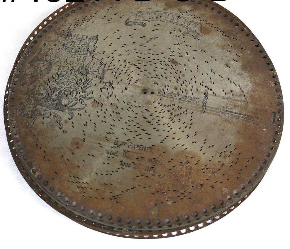 10 Regina 15-1/2" music box discs: 10 Regina 15-1/2" music box discs1821The Tale Of The Kangaroo, Song-Luders1663Don’t Say Goodbye Forever, Song-Gilmore1438Annie Laurie, Song-Dunn1200The Watch On The Rhine, German Hymn-Wilhelm1750Swe