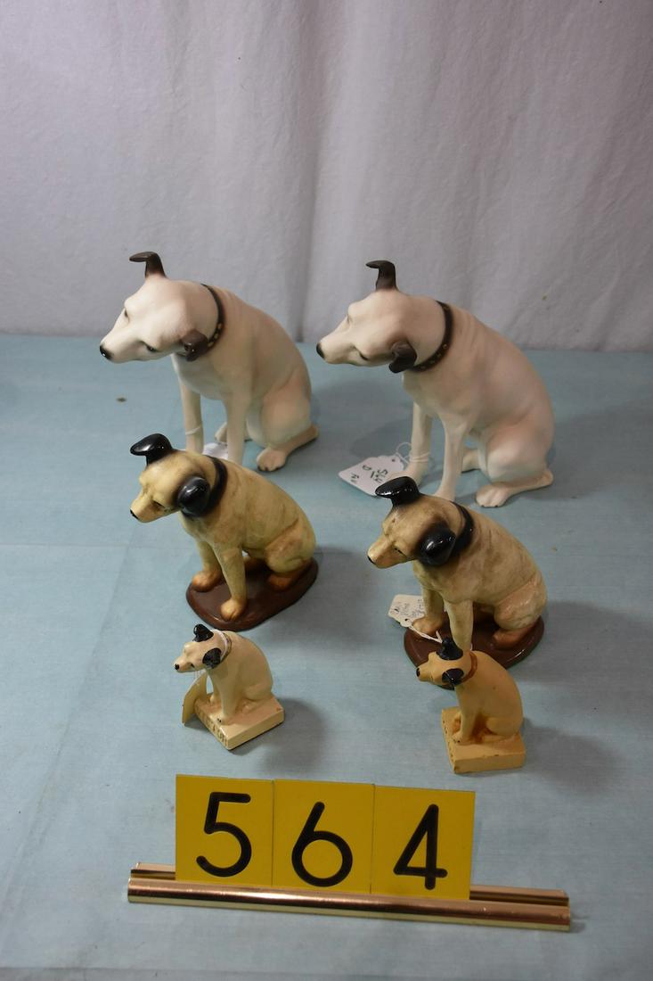 6 Nipper Dog statues, various sizes: 6 Nipper Dog statues, various sizes