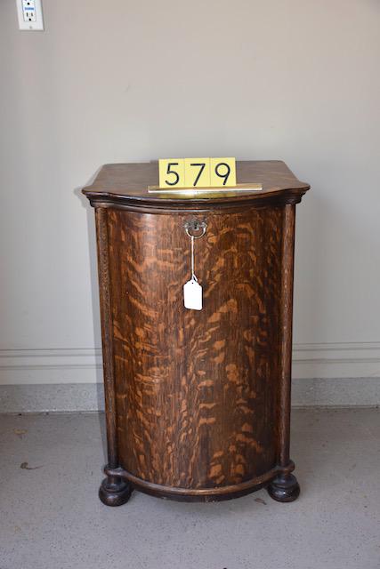 Herzog oak bow front cylinder record cabinet: Has all shelves and pegs. Very good