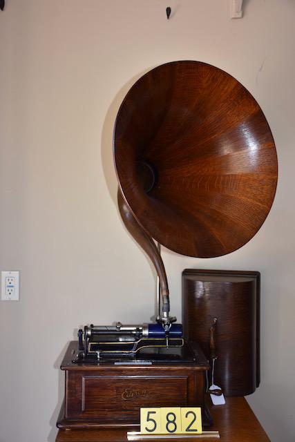 Edison Model E Triumph. Ca. 1910 with oak horn.: This Edison Triumph cylinder phonograph has an "O" (2-4 minute reproducer, and an Oak wooden Music Master cygnet horn.. Complete with cover, crank and crane. SN-85594