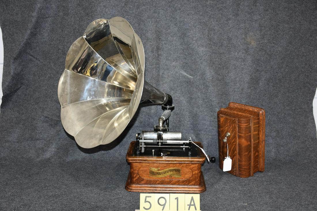 Columbia BO cylinder phonograph: Complete with rear mount nickel horn, cover and crank. A nice example