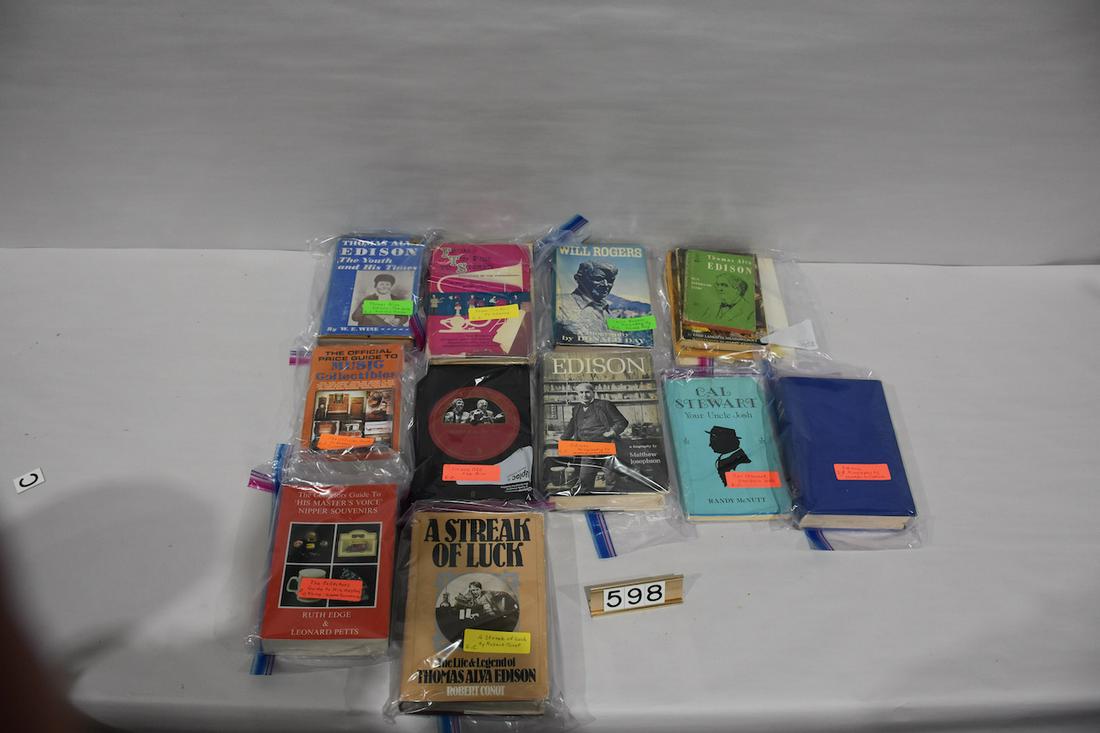 Reference Books on Antique Music Machines, etc.: Collectors Guide to Nipper Souvenirs; On and Off the Air; Music Collectibles; Will Rogers, A streak of Luck, 2 Edison Biography by Josephson; Cal Stewart; From Tin Foil to Stereo, and related examples