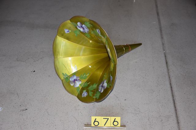 Morning Glory flowered Phonograph horn.: Gold and green with floral decoration repainted by Jane Smith