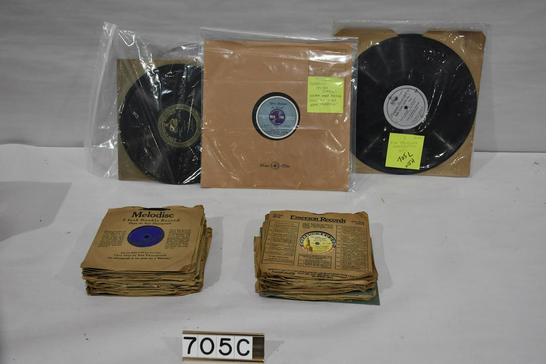 Records: 9 Zon-o-phone, Florence Foster Jenkins Custom made record; 2 RCA program transcription discs, and 35+/- Emerson and Melodisc records in sleeves