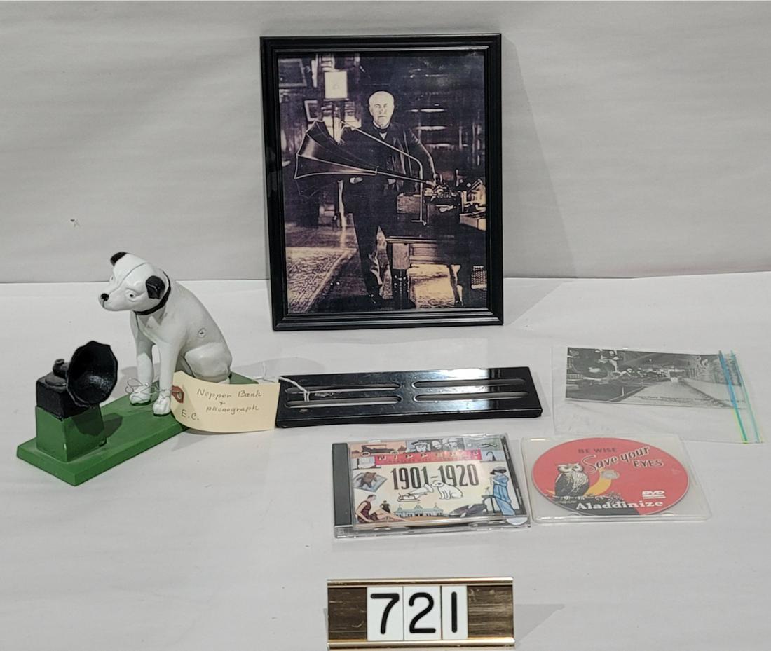 Nipper cast iron replica bank, Edison photograph, parts: Included is an inside grill for an Edison Amberola phonograph