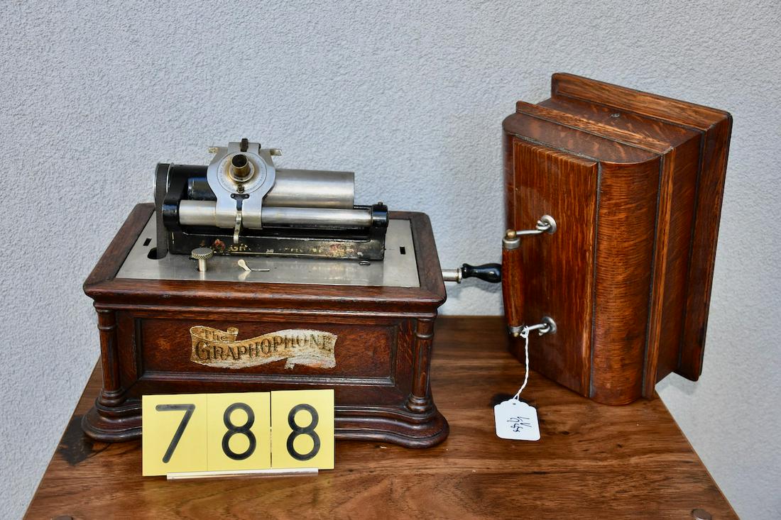 Columbia Model BE cylinder phonograph: Lyre reproducer, cover and crank, no horn. SN-2381