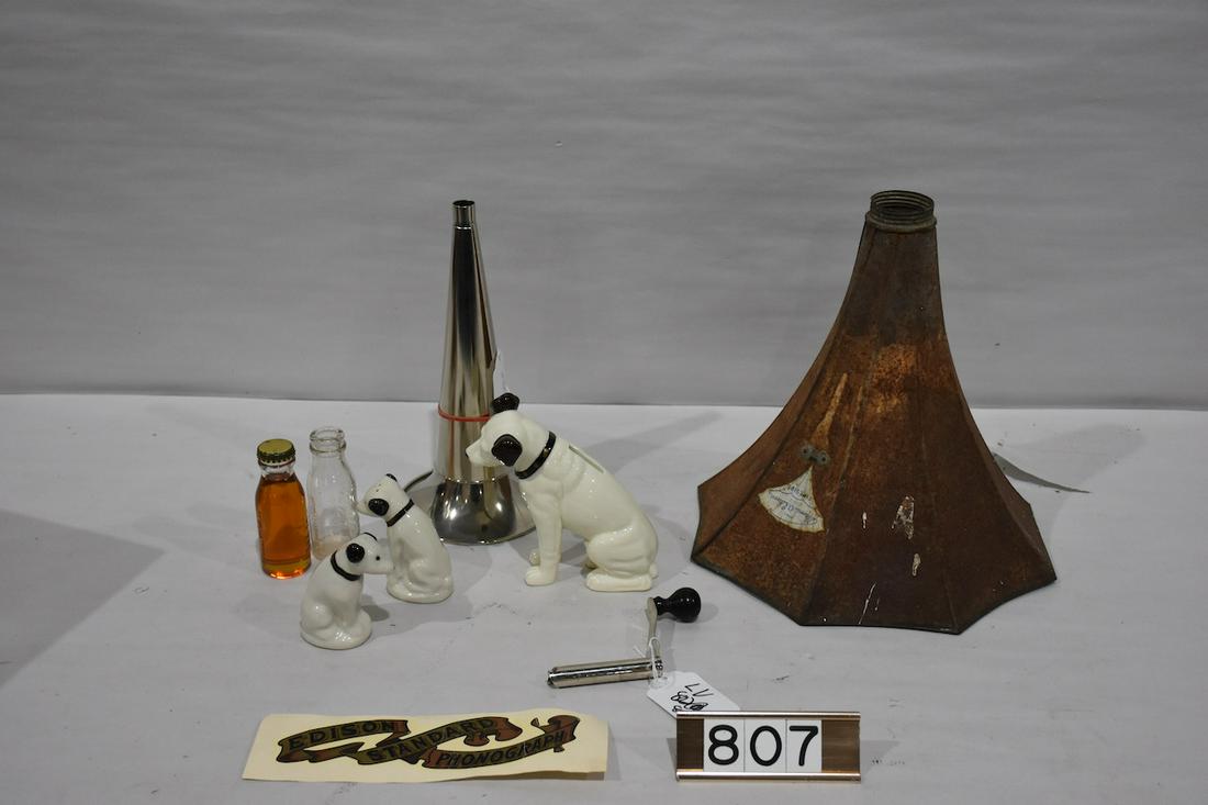 Group of Memorabilia and related items: Nipper ceramic bank, pair of salt and peppers, bottles of Edison oil, Edison Standard decal; Small 10" nickel witches hat horn; Columbia crank, and an Edison Fireside horn bell (end of a two-piece hor