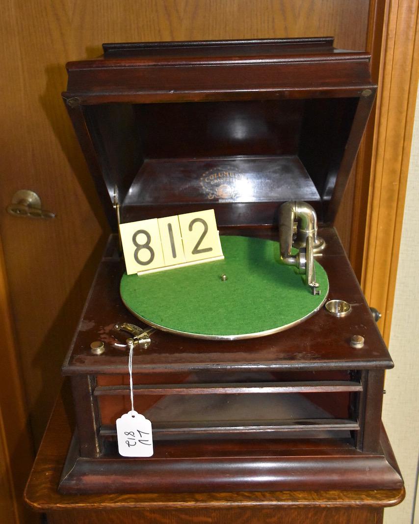 Columbia mahogany table model disc phonograph: Another lidded case example with louvered speakers, complete