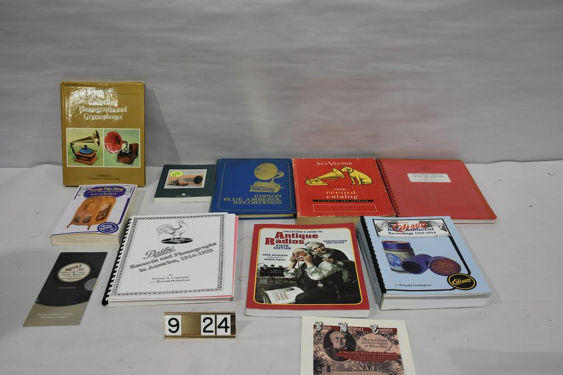 A nice group of books on Phonographs and Records: 2 on Pathe, 2 Amberol records, RCA Victor, Antique radios, Victor records, etc.