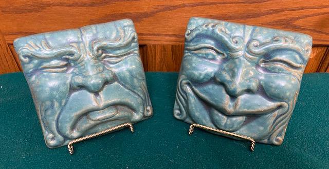 Pewabic Comedy & Tragedy Plaques: 6x6" size pottery plaques, signed and dated Pewabic, Detroit, 1996