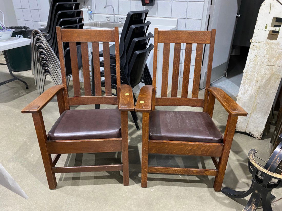 A Pair of Stickley Brothers Highback Signed Arm Chairs (1 of 6)
