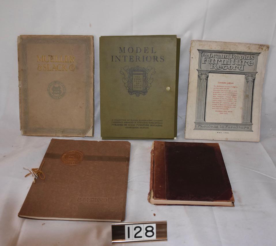 Original Furniture Catalogs: Skandia Furniture Co., Rckford, Illinois 1889-1908; Hardbound Macey's Monthly, 1905; Mueller and Slack Co. Grand Rapids; The Grand Rapids Furniture Record 1909, and Model Interiors "Collection of Furn