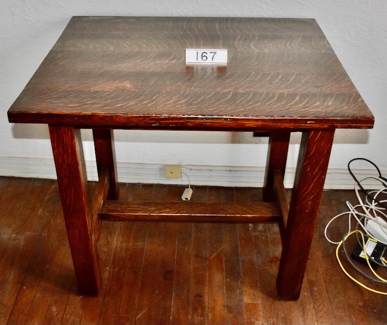 Stickley (Attribution) Lunch Table: Oak keyed tenon construction on stretcher. Measures 34-1/2" wide x 27" deep x 30" tall. A nice example.