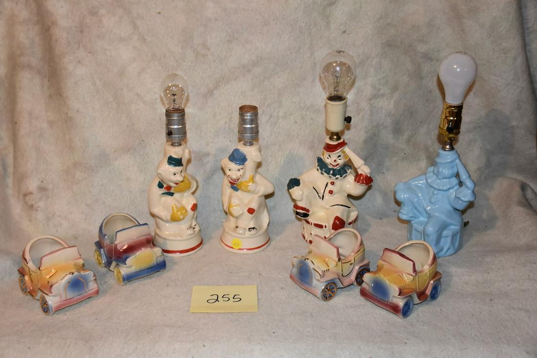 Shawnee Clown Lamps,etc.: 4 Clown and Clown and Drum lamps, 4 car planters