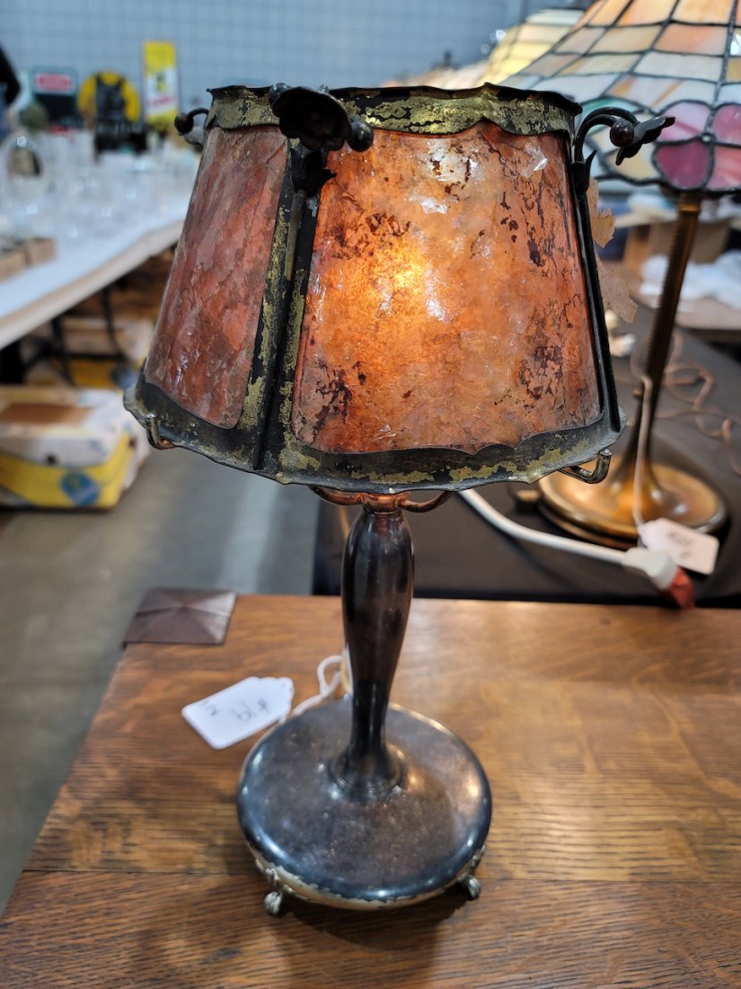 Mica Boudoir Lamp: Silver Plated Base - Signed Pierpoint. The shade has a loss of mica and a small hole.15"H 8"W