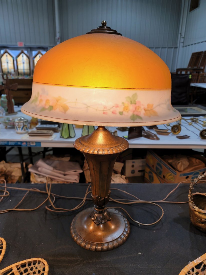 Pierpoint Table Lamp: 16" Bell Shade w/floral borderSigned Base & Shade