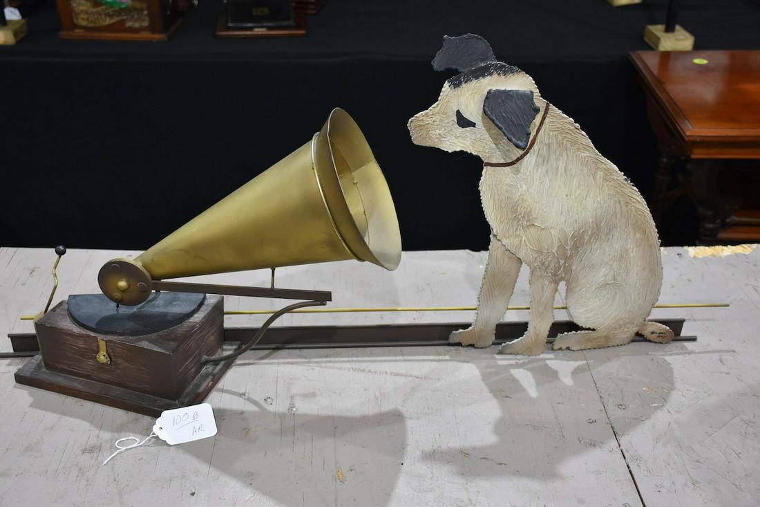 Metal Wall Sculpture of Nipper and HMV: A good modern example measuring 38" wide x 16" tall